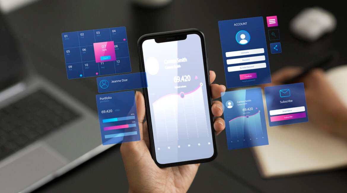 Uma mão segurando um smartphone que está ampliando imagens de calendário, gráficos e contas