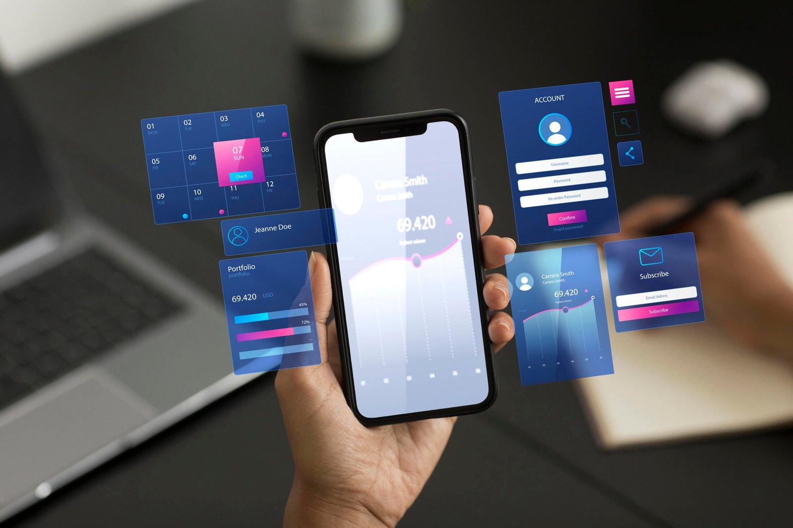 Uma mão segurando um smartphone que está ampliando imagens de calendário, gráficos e contas